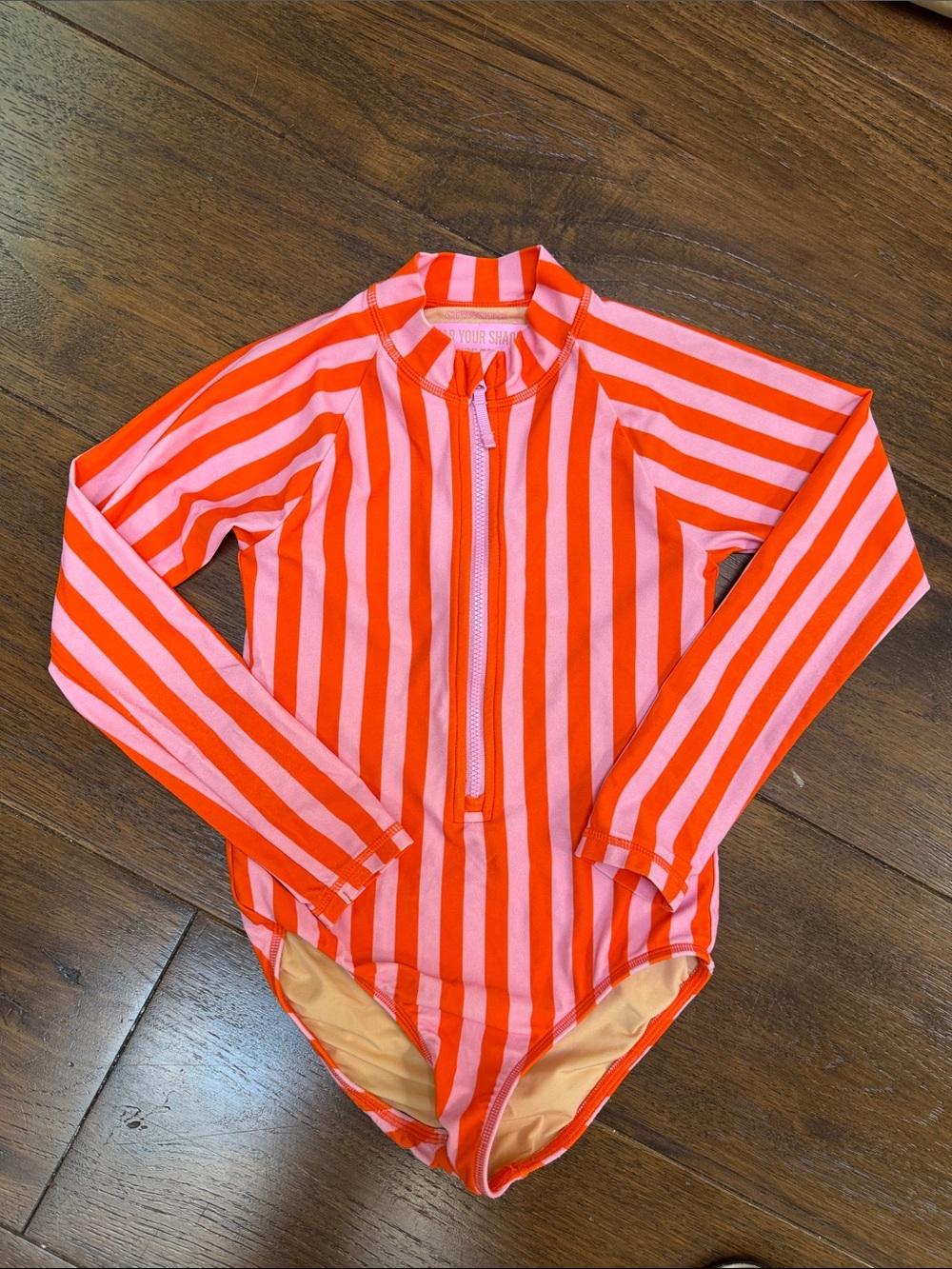Crewcuts - Girls Rash Guard One Piece Swimsuit - Pink Stripe - Size: 6-7Y